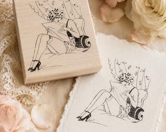 Rubber Stamp Naughty French Lady, Monica Reading in Bed Lady Rubber Stamp French Stamp