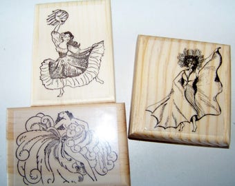 3 Dancer Rubber Stamps Exotic International Dancers New Mounted Rubber Stamps