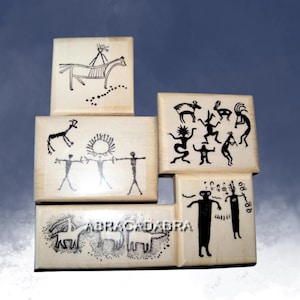 5 Petroglyph Rock Art - People Horses New Mounted Rubber Stamps