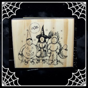 Pumpkin, Witch, Dragon Trick or Treaters Kids in Costume Halloween Stamp Mounted Rubber Stamp