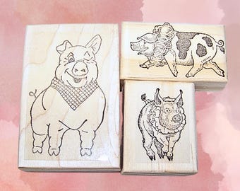 Pig Rubber Stamps Set of 3 One of a Kind Lot