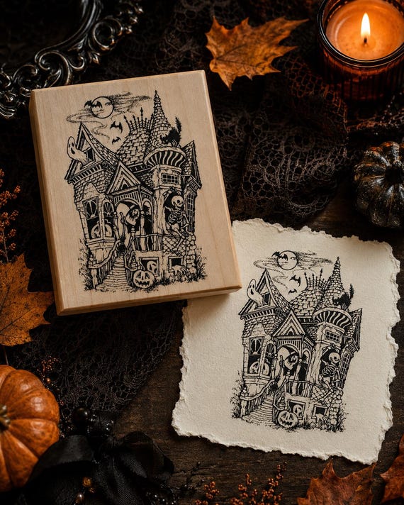 Haunted House Rubber Stamp Halloween Stamp New Mounted Rubber Stamp by Abracadabra Stamp Makers Halloween Rubber Stamp
