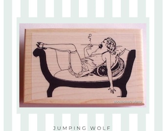 French Lady Rubber Stamp | Smoking Woman on Couch, Wood Mounted