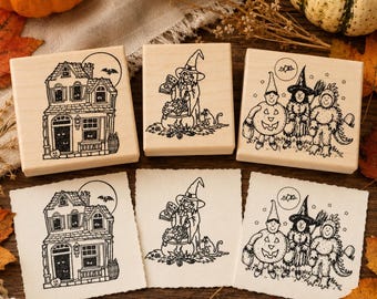 Halloween Rubber Stamps Set of 3 Stamps Haunted House, Witch, Tricker Treaters