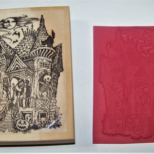 Spooky Haunted House Halloween Rubber Stamp: Detailed Wood Mount Crafting Supply image 6