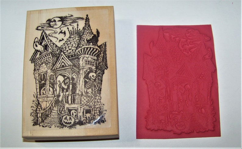 Spooky Haunted House Halloween Rubber Stamp: Detailed Wood Mount Crafting Supply image 6