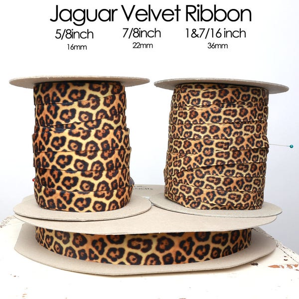 Ruban de velours Jaguar - 4 largeurs - 3/8 pouces, 5/8 pouces, 7/8 pouces, 1 1/2 pouce | velours animal, velours léopard, velours chat, velours imprimé animal