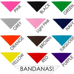 May include: A collection of 12 bandana colors, including pink, black, green, grey, light pink, navy, orange, brown, turquoise, yellow, red, and purple. The bandanas are arranged in a triangle shape with the word "BANDANAS!" at the bottom.