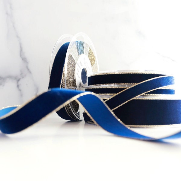 Navy Blue Gold Edge Velvet Ribbon - Gold Edge velvet ribbon for gift wrapping, holiday decor, wreaths, hair bows, floral, etc. Navy (419)