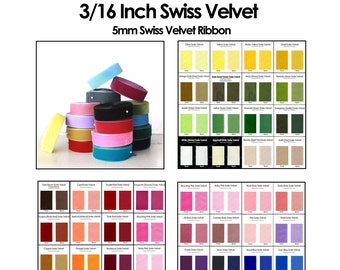 May include: A variety of 3/16 inch (5mm) Swiss velvet ribbon in different colors. The ribbon is shown in a color chart with the name of each color listed below the sample.