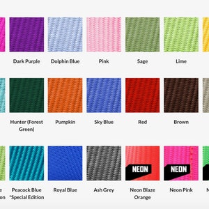 May include: A chart showing 24 different colors of webbing. The colors are arranged in three rows of eight. The colors include strawberry, raspberry, dark purple, dolphin blue, pink, sage, lime, yellow, grape, navy, teal, hunter green, pumpkin, sky blue, red, brown, slate, black, army green, green apple, peacock blue, royal blue, ash grey, neon blaze orange, neon pink, neon green, and neon yellow.