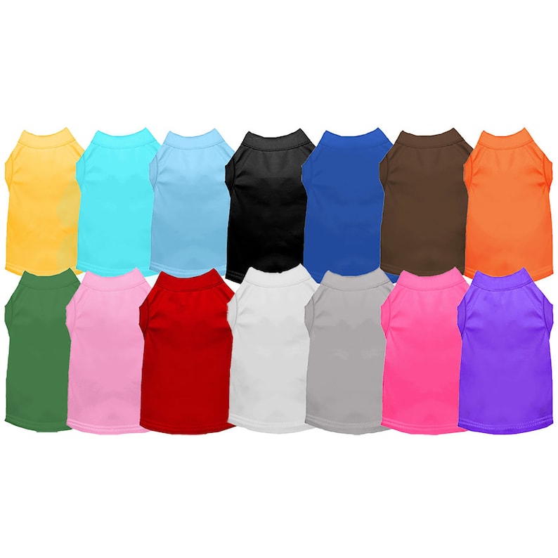 May include: A set of 14 plain dog t-shirts in various colors, including yellow, blue, green, pink, red, white, gray, brown, orange, and purple.
