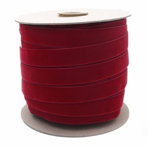 Atacado Fita De Veludo Vermelho Escuro | Fita de veludo vermelho escuro a granel | Fita de veludo suíço vermelho escuro no carretel (614)