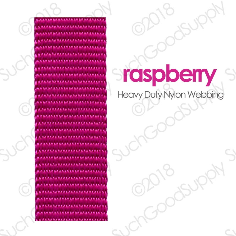 May include: A close-up of a bright pink nylon webbing. The webbing is woven with a tight, dense pattern. The text "raspberry" and "Heavy Duty Nylon Webbing" is printed in white on a white background.