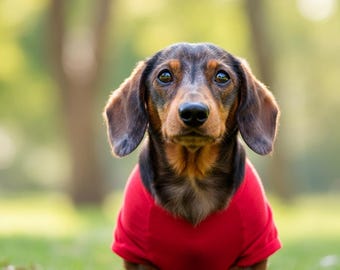 May include: A brown and black dachshund wearing a red shirt, looking directly at the camera.