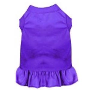May include: A purple sleeveless dog dress with a ruffled hem.