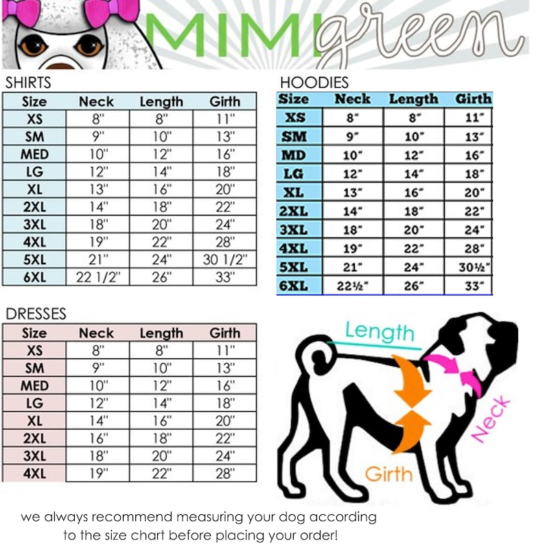 Puede incluir: Una tabla de tallas para camisas, sudaderas con capucha y vestidos para perros. La tabla muestra las medidas del cuello, la longitud y la circunferencia en pulgadas para las tallas XS a 6XL. La tabla est&aacute; ilustrada con un perro de dibujos animados.