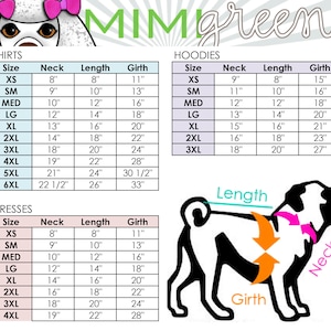 May include: A size chart for shirts, hoodies, and dresses. The chart shows neck, length, and girth measurements in inches for sizes XS to 6XL. The chart is labeled with the words "Shirts", "Hoodies", and "Dresses".
