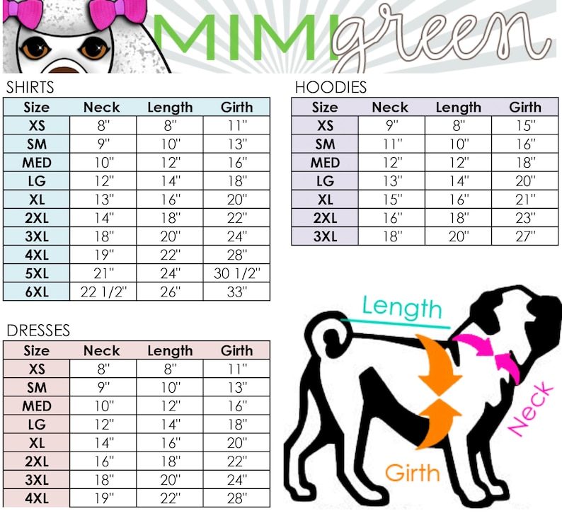 May include: A size chart for shirts, hoodies, and dresses. The chart shows neck, length, and girth measurements in inches for sizes XS to 6XL. The chart is labeled with the words "Shirts", "Hoodies", and "Dresses".
