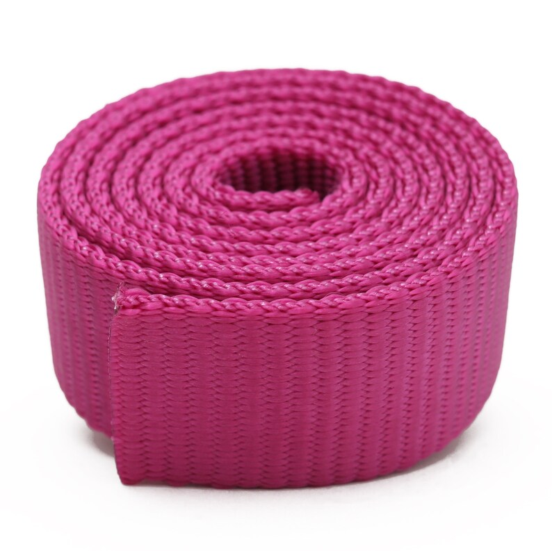 May include: A roll of pink nylon webbing, a type of strong, durable fabric often used for straps, belts, and other applications.
