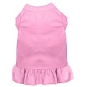 May include: A pink sleeveless dog dress with a ruffled hem.