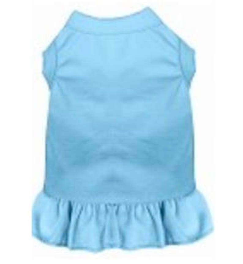 May include: A light blue sleeveless dog dress with a ruffled hem.