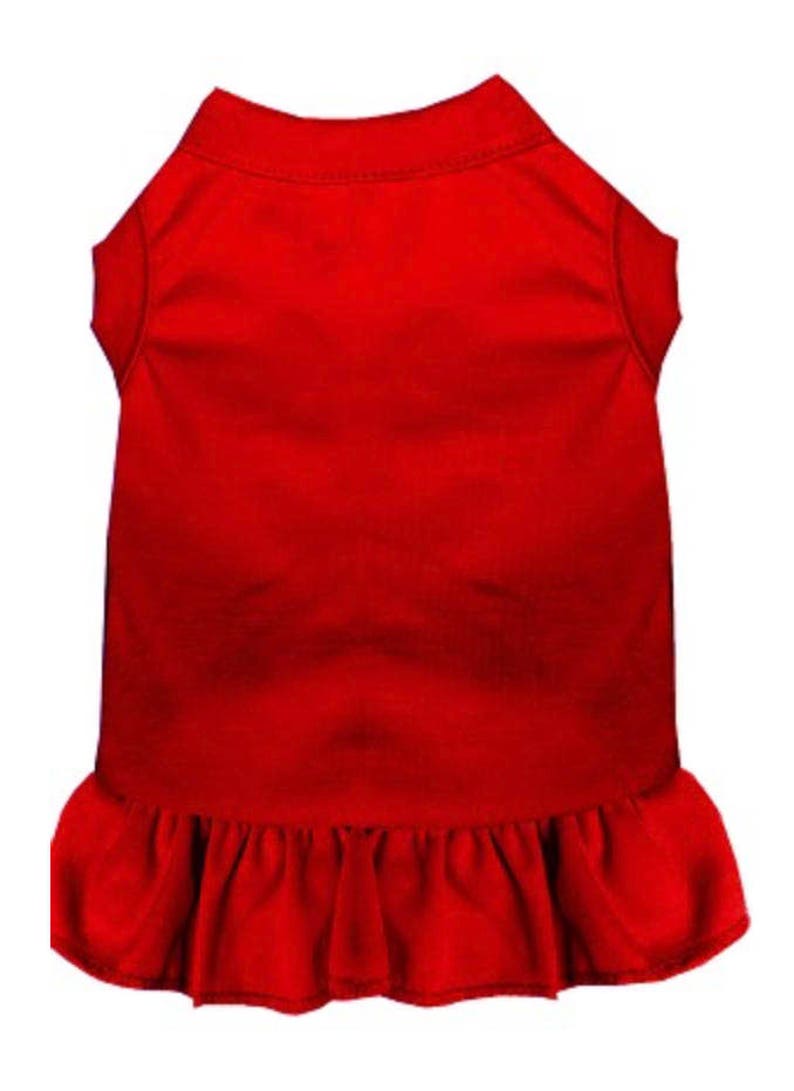 May include: A red dog dress with a ruffled hem.