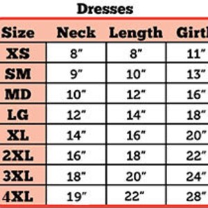 May include: A chart showing dress sizes with corresponding neck, length, and girth measurements in inches. Sizes range from XS to 4XL.