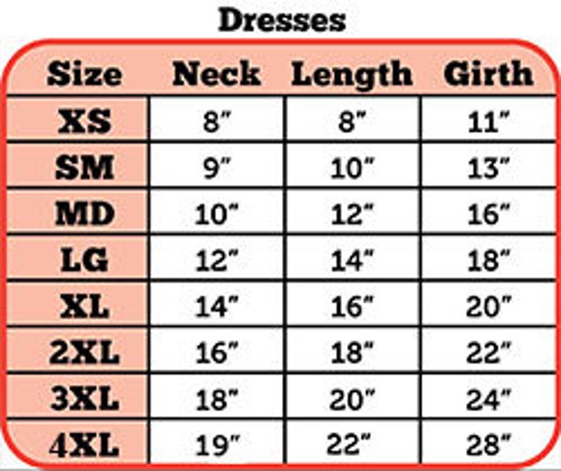 May include: A chart showing dress sizes with corresponding neck, length, and girth measurements in inches. Sizes range from XS to 4XL.