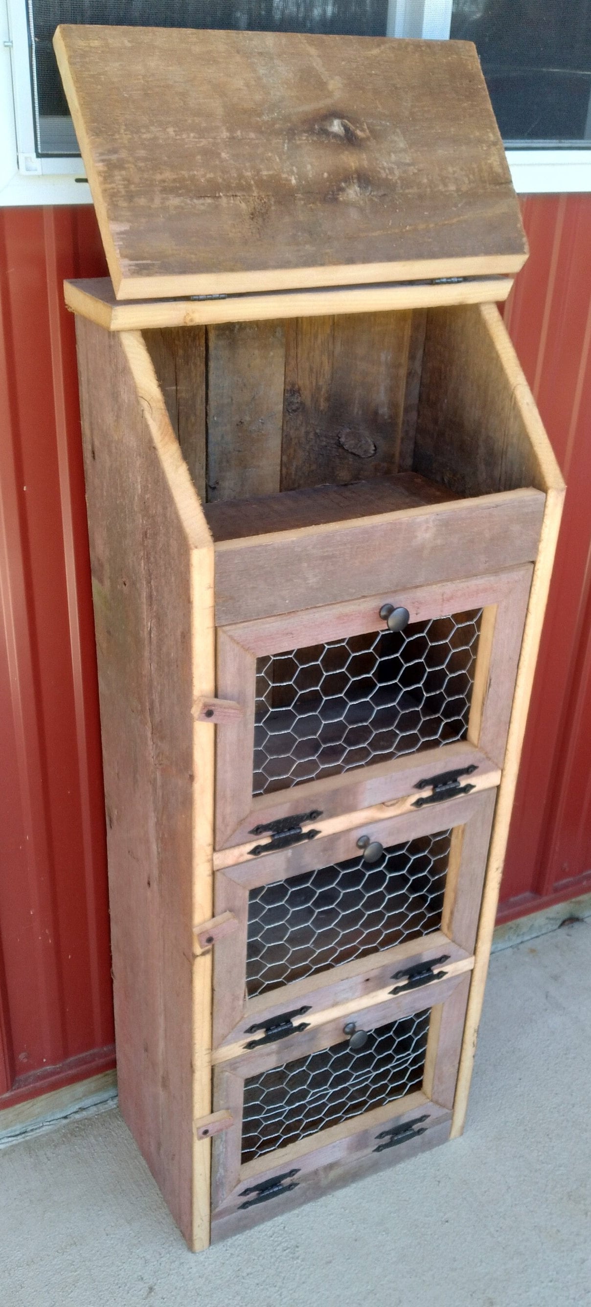 American Handcrafted Solid Top Barn Wood Bread Box With Chicken Wire ...