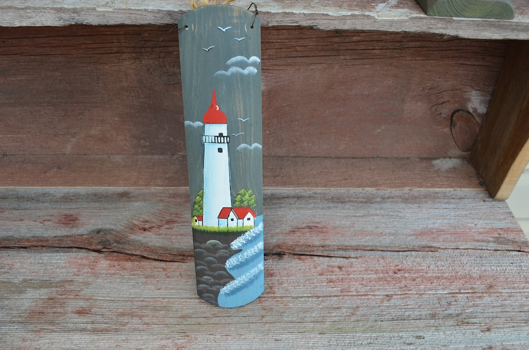 Lighthouse and Ocean or Lake Scene Painted on Wood Wire Mounted for ...