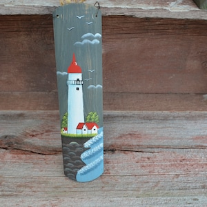 Lighthouse and Ocean or Lake scene painted on wood Wire Mounted for Displaying on the wall Lighthouse Collection Décor