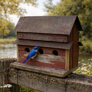 Rustic Amish 3-Hole Birdhouse: Handcrafted Barn Wood & Reclaimed Metal Roof - Unique Garden Décor Color will Vary Bird House Condo