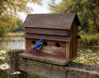 Rustic Amish 3-Hole Birdhouse: Handcrafted Barn Wood & Reclaimed Metal Roof - Unique Garden Décor Color will Vary Bird House Condo