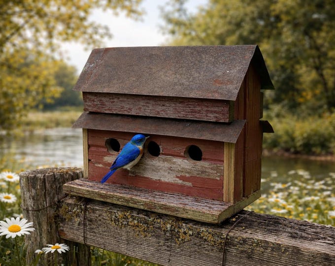 Rustic Amish 3-Hole Birdhouse: Handcrafted Barn Wood & Reclaimed Metal Roof - Unique Garden Décor Color will Vary Bird House Condo