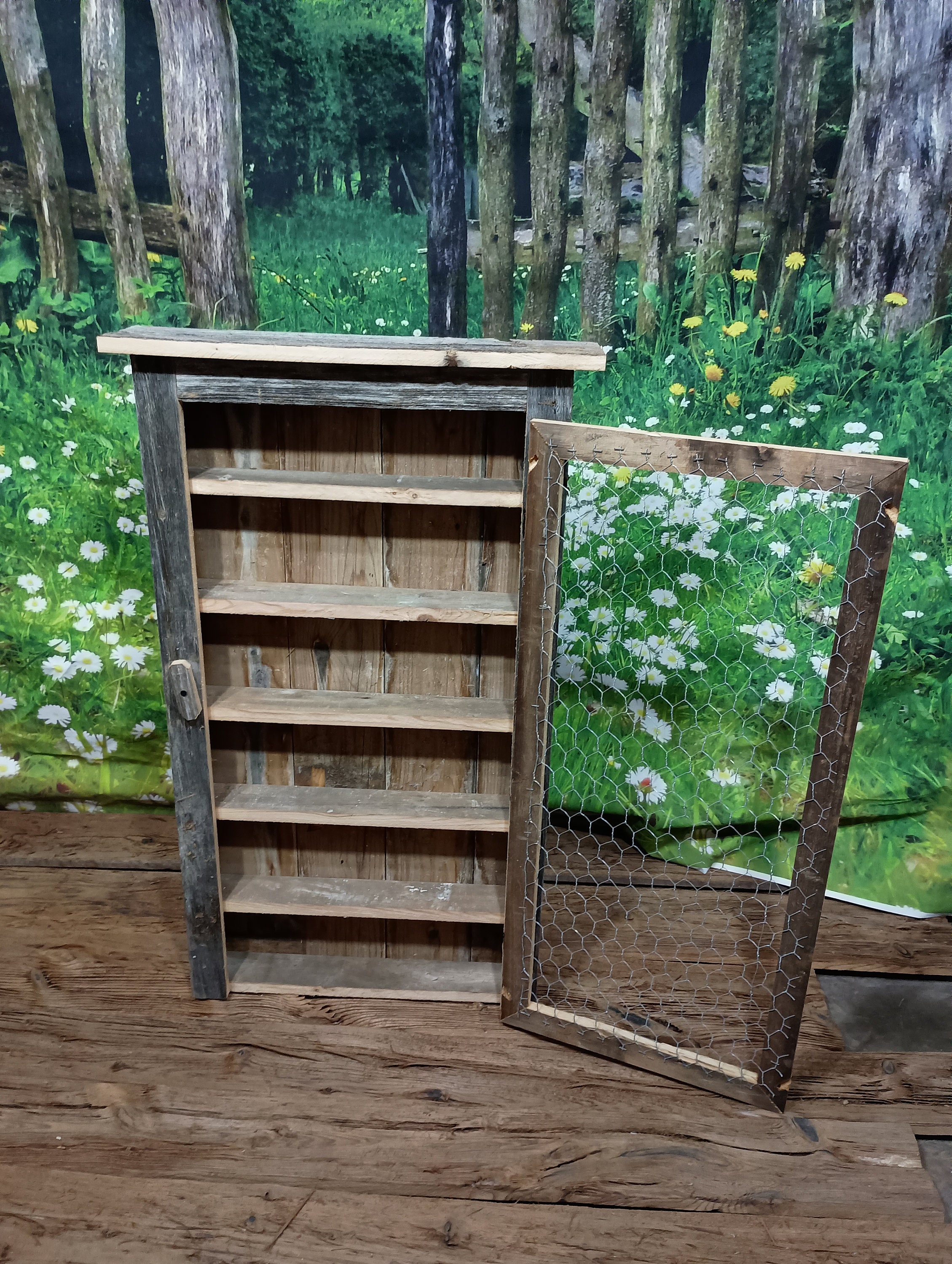 Rustic Barn Wood Spice & Bathroom Cabinet With a Beautiful Chicken