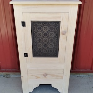 Small Pie Safe with Bottom Drawer Primitive Farmhouse Country Décor Bathroom Bedroom Pantry Cabinet Choose Star or Old Mill Punched Tin