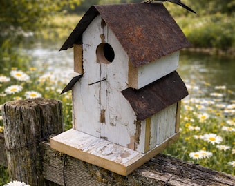 One-Hole-Two-Roof Tin Top Reclaimed Barn Wood Bird House