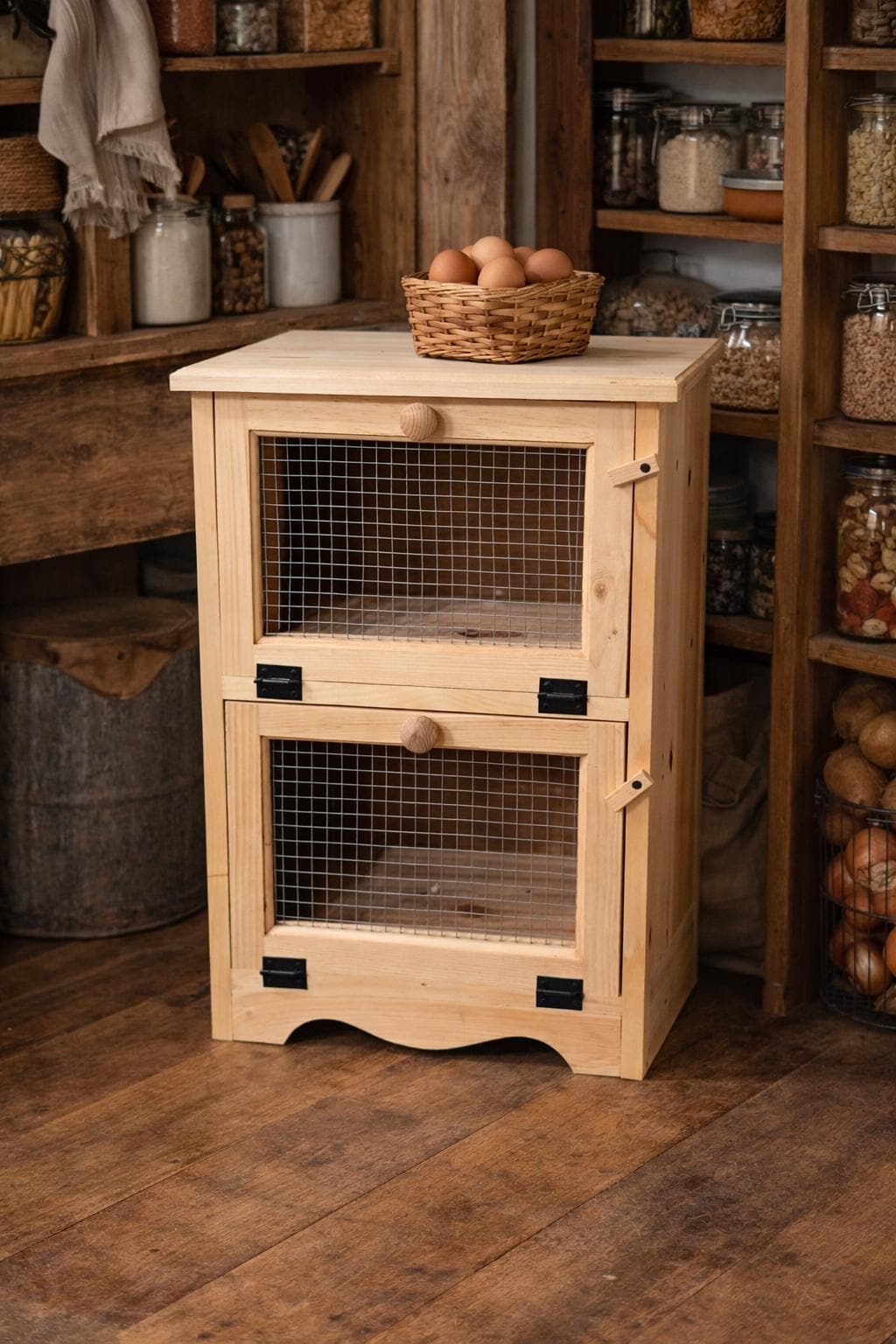 Amish Handcrafted Solid Pine 2 Door Vegetable Bin With Flat Top