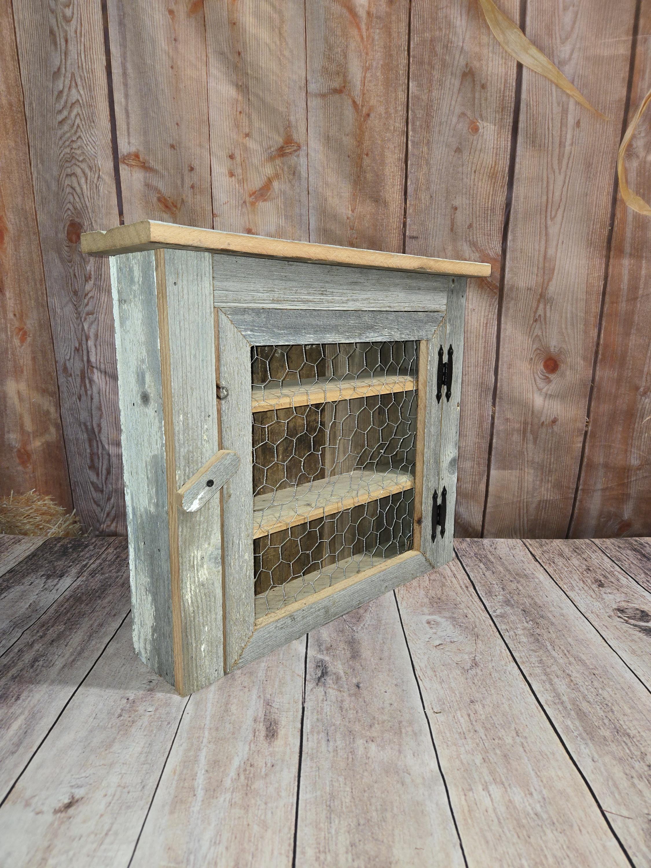 Rustic Farmhouse Cabinet: Chicken Wire Door, Barn Wood Spice Rack