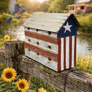 Large 9-Hole Barn Bird Condo: Reclaimed Wood Birdhouse with Tin Roof. Separate Compartments for up to 9 Bird Families Painted American Style