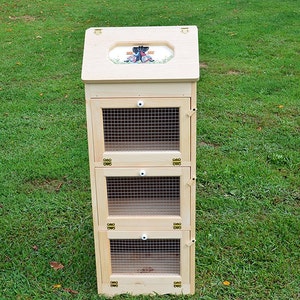 Unfinished Handcrafted Solid Pine Bread Box with 3 Door Vegetable Bin Off White Background Hand Painted Amish Girls Insert