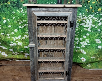 Barn Wood Tall Spice / Bathroom Cabinet with Chicken Wire Door Small Space Cabinet Nail Polish Holder Country Primitive Farmhouse Decor