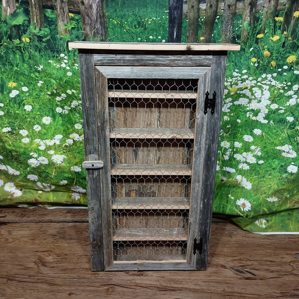 Barn Wood Tall Spice / Bathroom Cabinet with Chicken Wire Door Small Space Cabinet Nail Polish Holder Country Primitive Farmhouse Decor