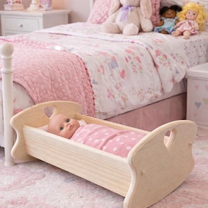 Wooden Doll Rocking Cradle Heirloom Childs Baby Doll Bed Unfinished Solid Wood with Heart Cut-outs Fits Dolls up to 20" Comfortably