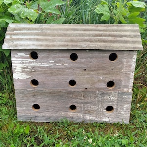 Rustic Large 9-Hole Barn Wood Bird Condo: Reclaimed Wood Birdhouse with Tin Roof with Separate Compartments for up to 9 Bird Families
