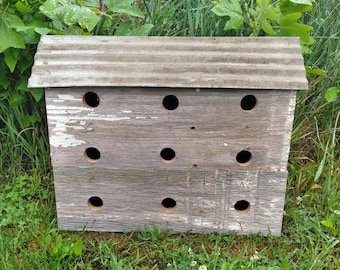 Rustic Large 9-Hole Barn Wood Bird Condo: Reclaimed Wood Birdhouse with Tin Roof Separate Compartments for up to 9 Families