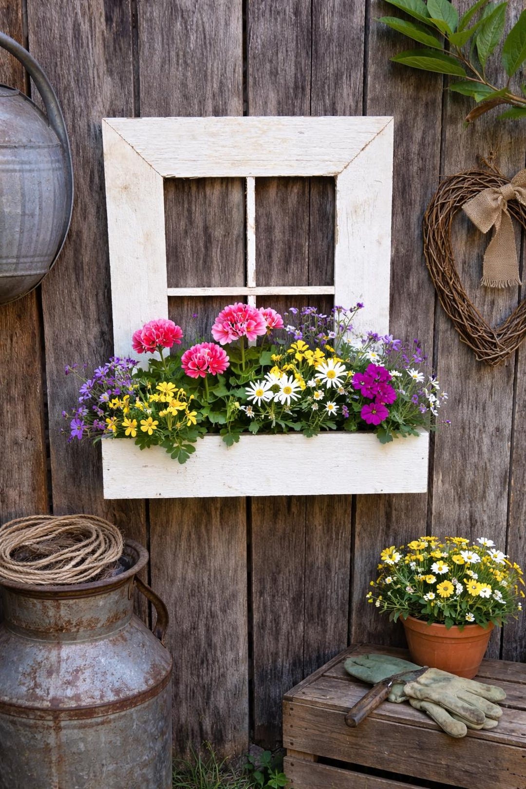 Rustic Barn Wood Window Frame Flower Box Planter - American Handcrafted ...