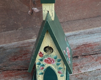 Church Bird House with Painted Roses and Leaves. Off White Crackle Paint on Church and Steeple