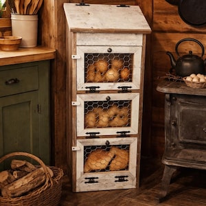 American Handcrafted Solid Top Barn Wood Bread Box with Chicken Wire with 3 Door Vegetable Bin Storage Organizer Paint Coverage Will Vary